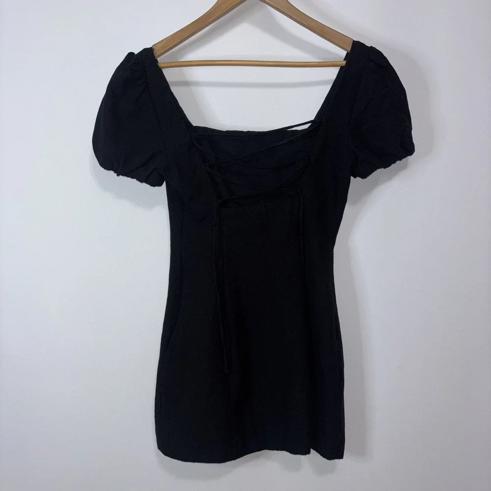 Zara Square Neck Puff Sleeve Lace Up Open Back Babydoll Mini Dress Black Medium